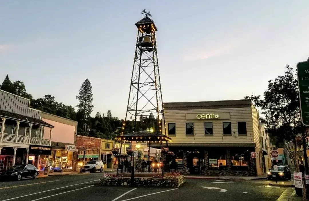 Main Street in downtown Placerville with the Bell Tower and historic brick storefronts